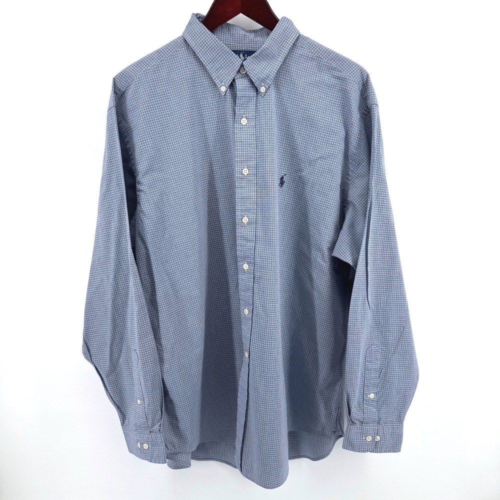 Ralph Lauren Yarmouth Shirt Mens 17.5 36/37 Blue Micro Check Cotton Button Down